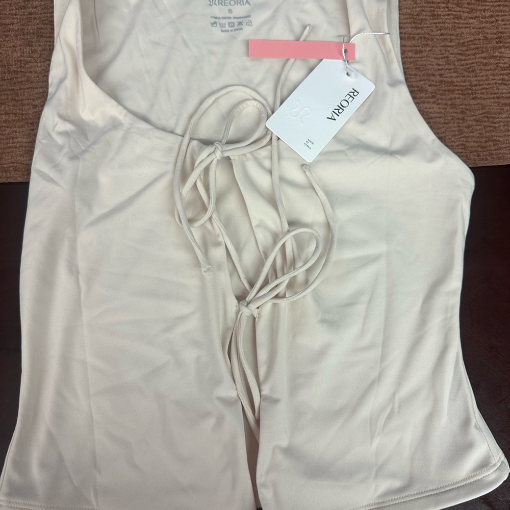 REORIA U-Neck Adjustable Tie-Front Crop Top Soft Sexy Sleeveless Tops <<300>> - Picture 7 of 8